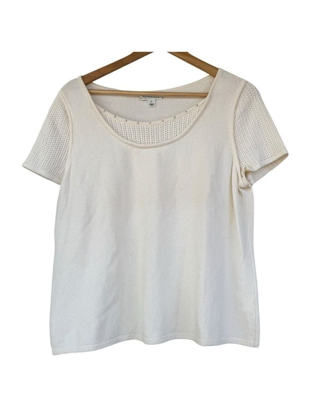 St John Sport Cream Knit Top Mesh neckline/Sleeves SzL